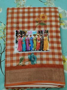 Orange Gingham Saree with Floral Print