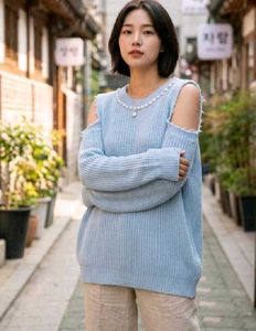 Light Blue Cut-Out Sweater with Pearls
