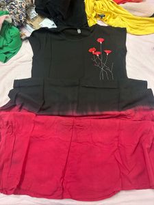 AKS Black Kurta with Red Flower Embroidery