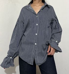 Striped Button-Up Blouse with Dramatic Sleeves