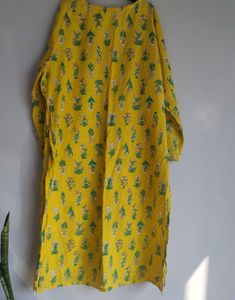 Yellow Floral Print Cotton Kurta