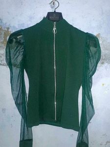 Chic Zipper Front Top with Sheer Sleeves