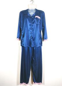 Navy Blue With Pink Lace Night Suit Sets (Women's)