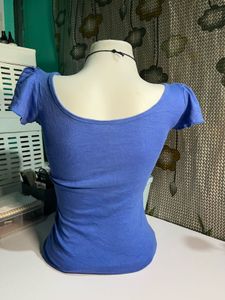 Blue Puff Sleeve Scoop Neck Top