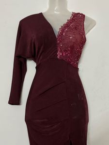 Maroon One-Sleeve Embellished Dress