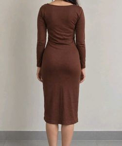 Brown Full Sleeve Bodycon Midi Dress