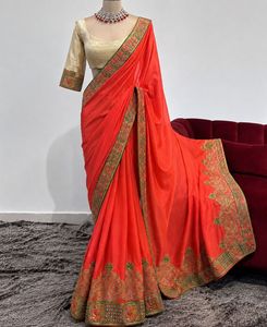 Elegant Coral Embroidered Silk Saree