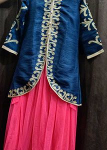 Pink Net Full Length Gown Blue Embroidery Coat