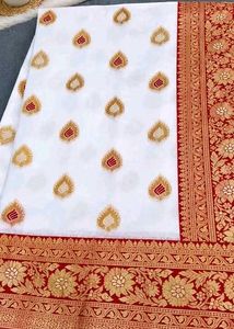 Elegant White Saree with Gold & Red Border Gauti Z