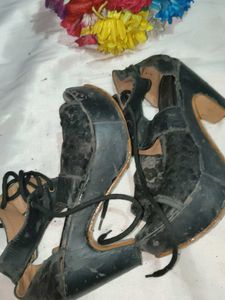 Black Lace-Up Wedge Heels