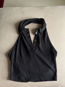 Ribbed Black Halter Crop Top