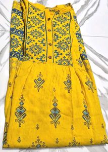 Yellow Kurta with Blue Geometric Print