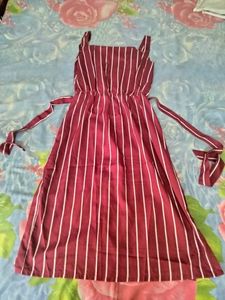 Maroon & Off-white Striped A-Line Dress
