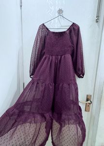 Sheer Dot Puff Sleeve Tiered Dress