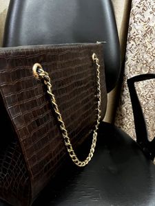 Brown Tote with Gold Chain