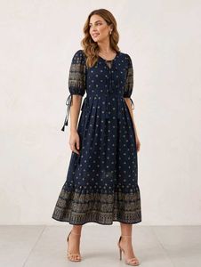 Elegant Navy Printed Midi Dress