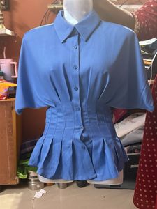 Stylish Blue Pleated Peplum Shirt