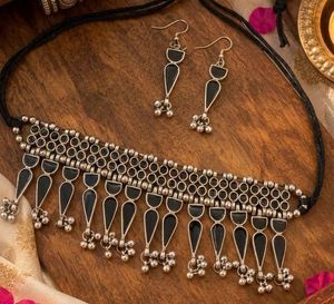 Black & Silver Oxidised Choker Set