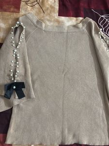 Stylish Beige Pearl Embellished Top