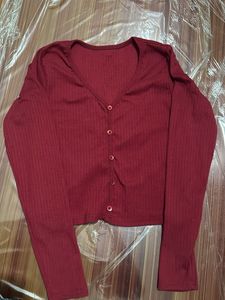 Red Ribbed Cropped Blouse Top
