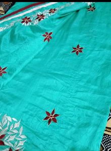 Teal Embroidered Silk Saree