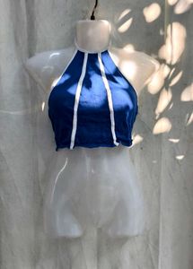 411110. Blue & White Striped Halter Crop Top