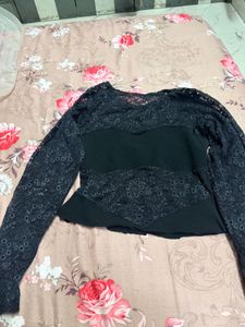 Lace Detail Long Sleeve Black Top
