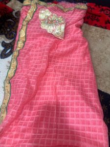 Elegant Pink Embroidered Saree Very light weight