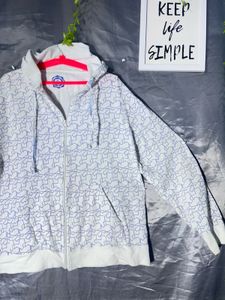 White Zip-Up Hoodie with Blue Pattern