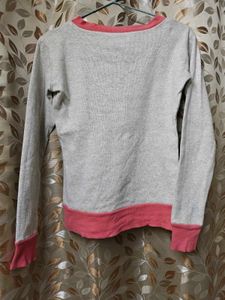 Gray V-Neck Sweatshirt with Pink Trim