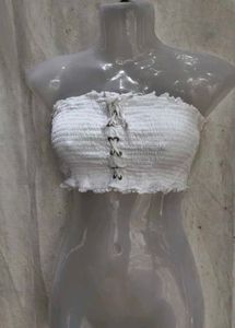 19138. White Smocked Tube Top with Lace-up Detail