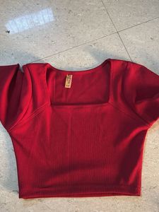 Chic Red Square Neck Top &amp; White Skirt Set
