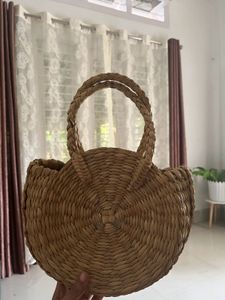 Straw Round Bag with Pearl Embellishments
