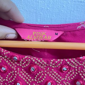 pink tunic with mirror work yoke