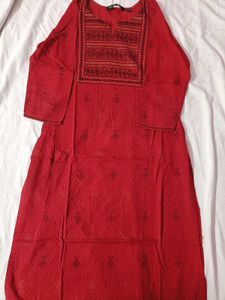 Red Embroidered Cotton Kurta