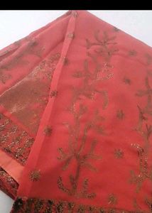 Beautiful Embroidered Coral Saree
