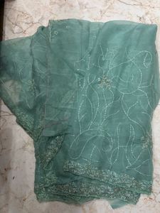 Designer Embellished Teal Saree