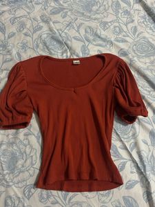 Orange Puff Sleeve Ribbed Top