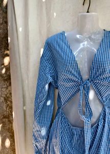 Blue Gingham Tie Front Cutout Dress