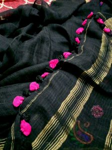free shipping pure linen Elegant Black Saree witho