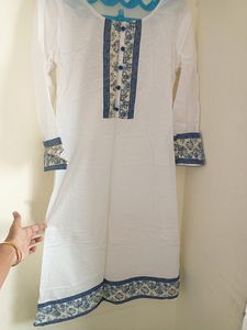 Branded Beautiful White Kurti With Blue Design