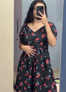 Cute Cherry Print Black Dress