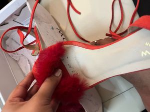 Red Lace-Up Heels with Fur Accent