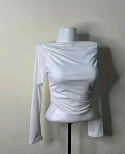 off shoulder Chic White Ruched Long Sleeve Top