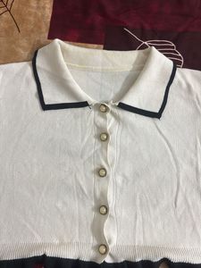 White Cropped Cardigan with Black Trim