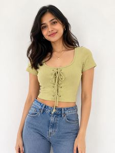 Ribbed Lace-Up Crop Top