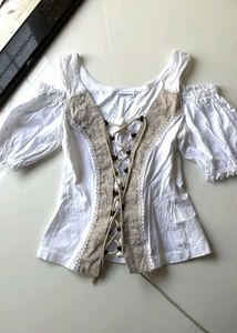 Women's White Cold Shoulder Lace-Up Blouse