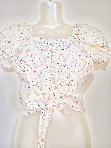 Cute Floral Tie-Front Puff Sleeve Top