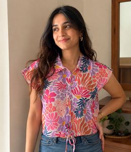 Vibrant Floral Print Tie-Front Top