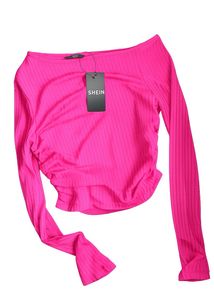 SHEIN Pink blue Ribbed Long Sleeve Top